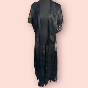 Vintage Sheer Black Nylon Lace 80s Lingerie Robe Chiffon Floor Length Whimsygoth
